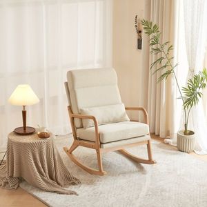 Sedia a dondolo in legno massello con schienale alto, cintura di sicurezza, cuscino lombare e braccioli 100x65x101cm per uso interno - Product Image 1