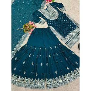 Vestido de Noche con Bordado Pesado y Lentejuelas, Top-Gharara y Dupatta - Product Image 3