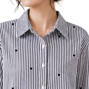 <b>Black</b> <b>White</b> <b>Striped</b> Women Button Down Shirt <b>Long</b> <b>Sleeve</b> Cotton Casual Blouse Heart Embroidery Oversized Loose Fit Fashion <b>Top</b> - Product Image 5