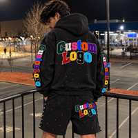 Ensemble de survêtement pour homme 100% Coton avec patch en strass, style USA, comprenant un short clouté tendance et un sweat à capuche zippé oversize avec broderie unie