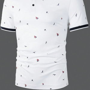 Camisa Casual de Verano para Hombre con Estampado de Aves, Ribete en Contraste, Bolsillos y Tela Antiarrugas - Product Image 2