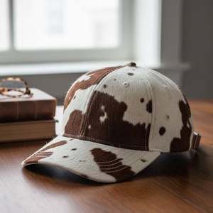 Hair on Hide Cow Leather Baseball Cap 6-Panel Adjustable Metal Buckle Unisex Casual Hat Adult Four Seasons Canvas Style - Product Image 1