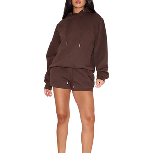 Women's <b>Brown</b> Oversized Hoodie Shorts Set Cotton Fleece Two Piece Casual Lounge Wear Solid Color Autumn Style - Product Image 1