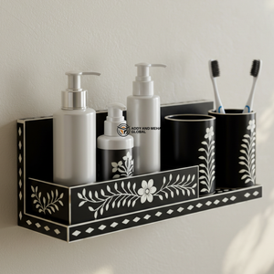 Estante de Pared para Baño con Incrustaciones de Hueso en Blanco y Negro – Organizador Floral Hecho a Mano para Decoración de Tocador y Baño - Product Image 5