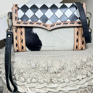2026 New Designer Purse Black & White Checkered Western Hand Tooled Leather Crossbody Wristlet Clutch <b>Bag</b> Hair-on-Hide Mini <b>Bag</b> - Product Image 5