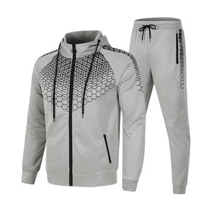 Conjunto Deportivo para Hombre, Gris, con Capucha, Cierre Completo, Estampado Geométrico, Sudadera y Pantalones Deportivos, Transpirable, Poliéster, Ropa de Otoño, Alta Calidad, Talla M - Product Image 1