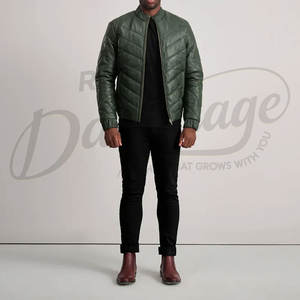 Blouson Homme Vert Foncé en Similicuir Matelassé Style Bomber Col Montant Coupe Slim Décontracté Motard - Product Image 4