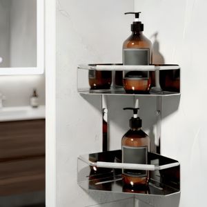 Panier de douche mural élégant à double niveau en acier inoxydable, panier d'angle pour salle de bain à 2 niveaux avec poignée antidérapante, écologique - Product Image 1