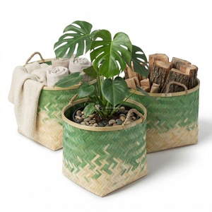 Bamboo Storage <b>Basket</b>, Handwoven Natural Bamboo Planter <b>Basket</b> with Handles Eco Friendly Woven Laundry Storage <b>Basket</b> Wholesale - Product Image 1