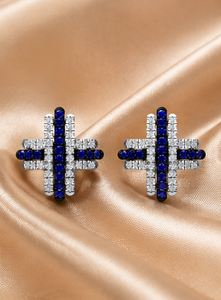 Pendientes de Plata de Ley 925 con Baño de Rodio, Zafiro Azul, Circonita Cúbica Blanca, Diseño Geométrico Art Deco, para Compromiso y Boda - Product Image 6