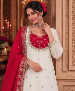 Costume Anarkali en coton brodé blanc et rouge avec dupatta, tenue traditionnelle indienne et pakistanaise pour femmes - Product Image 2