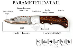Best Selling Copper Damascus Multifunctional Outdoor Survival Pocket Folding Knife Back <b>Lock</b> Rosewood Honeycomb Steel Bolster - Product Image 3