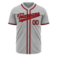 Camiseta de Béisbol Personalizada para Hombre, Gris con Ribete Rojo, con Botones, Nombre del Equipo, Número 00, Impresión Serigrafiada, Prenda Transpirable de Poliéster