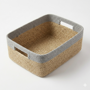 Eco Friendly Handwoven Water Hyacinth <b>Storage</b> <b>Baskets</b> with Gray Cotton Rim Rectangular Seagrass Organizer Bins for Home Decor - Product Image 3