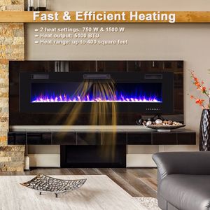 Caminetto Elettrico Ultra Sottile da Incasso da 68 Pollici, Montaggio a Parete con Tronchi in Cristallo ed Effetto Fiamma LED - Product Image 6