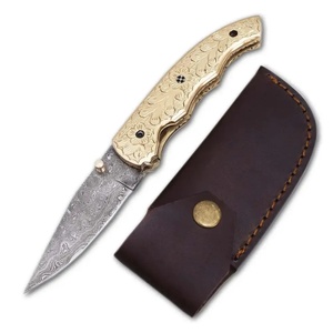 Couteau de poche Jexmoo de qualité industrielle, OEM, fait main, en acier Damas, 7 pouces, à ouverture coulissante/bouton rotatif, avec étui en cuir, édition anniversaire - Product Image 1