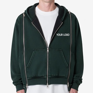 Sudadera con capucha para hombre, estilo streetwear, con parche bordado personalizado, lavado ácido, con cremallera, desgastada y rasgada, de algodón. - Product Image 4