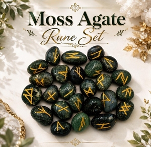 Ensemble de pierres runiques en agate verte mousse avec symboles dorés et pochette en velours pour la guérison Reiki et la méditation - Product Image 4