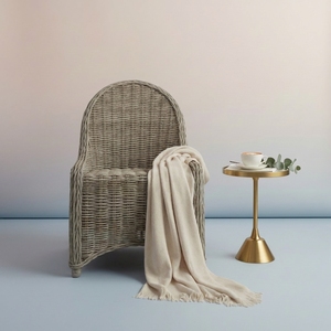 Handwoven Scandinavian Linen Upholstered Rattan <b>Dining</b> Chair Elegant Outdoor Wicker <b>Armchair</b> High Back Accent Cafe Garden - Product Image 4
