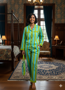 Conjunto de Pijama de Mujer con Rayas Verticales Florales, Ropa de Dormir de Algodón, Elegante Traje de Noche a Rayas, Camisa y Pantalones de Secado Rápido, Largo Completo - Product Image 2