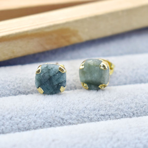 <b>Emerald</b> Raw <b>Stud</b> Earring Gold Plated Prong Set Handmade Electroplated Minimal May Birthstone Jewelry - Product Image 3
