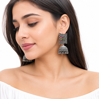 Pendientes Jhumki Clásicos de Plata Oxidada con Ágata, Estilo Bohemio de Bollywood, para Mujer, Venta al por Mayor |   Directo