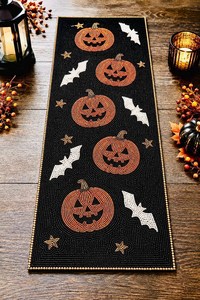 Halloween Fabric Table <b>Runner</b> Rectangle <b>Black</b> With Pumpkins Bats And Stars Handmade Novelty Design Mats Pads - Product Image 5
