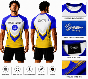 SINEWY Custom Sublimated MMA Rash Guard Fitted Quick Dry Unisex Compression Shirt Blue Yellow White Team Logo Front Print - Product Image 1