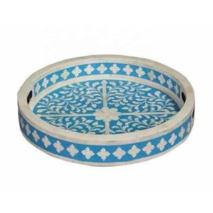 Nouvel arrivage : Plateau de service artisanal à motifs géométriques en os incrusté, bleu ciel et crème, origine Inde, plateau polyvalent, prix de gros - Product Image 1
