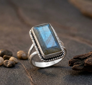 Blue <b>Labradorite</b> 925 Sterling Silver Rhodium Plated <b>Rings</b> Vintage Classic Double Layer Wedding Engagement Anniversary Fine - Product Image 1