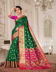 Sari en soie vert et rose avec bordure brodée or, tenue de mariage traditionnelle pour femmes, Inde, Pakistan - Product Image 1