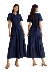 Robe longue élégante bleu marine à manches bouffantes, col en V, superposée, taille élastiquée smockée, en coton tissé décontracté pour l'été - Product Image 6