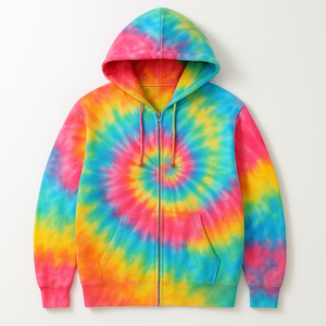 Sweat-shirt à capuche zippé unisexe en molleton imprimé tie-dye jaune et noir, coupe oversize, style streetwear, respirant, personnalisable, vente en gros - Product Image 1