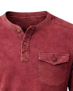 Sweat-shirt Henley à manches longues pour homme, délavé à l'acide, rouge bordeaux, col boutonné, style décontracté avec poche, vêtement d'hiver en coton, coupe ajustée - Product Image 5