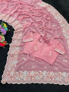 Saris Palan en Soie Douce et Crépue, Broderie Multiple Intégrale, Motifs Buti et Bordure de Designer, 5,60 m – Vente Directe Fabricant - Product Image 6