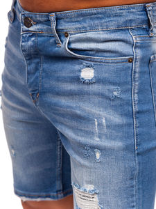 Pantalones Cortos de Mezclilla Rotos para Hombre, Estilo Bermuda, Cintura Media, Cierre de Botones, Casuales, Azules, de Algodón Tejido Transpirable - Product Image 3