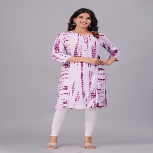 Women Purple Tie Dye Printed <b>Kurti</b> with , 3/4 Sleeves Casual Ethnic Wear Straight Kurta for Daily Wear . - Product Image 1