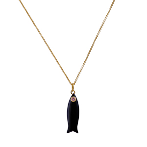 Collier Poisson en Onyx Noir - Pendentif plaqué or sculpté à la main avec œil de poisson en zircon - Cadeau - Product Image 4
