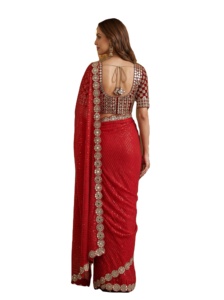 ส่าหรีอินเดียแบบดั้งเดิมสำหรับงานเทศกาล ผ้าจอร์เจตต์เทียม ประดับเลื่อม ปักลาย พร้อมกระจกแท้ ส่าหรีงานแต่งงาน - Product Image 3