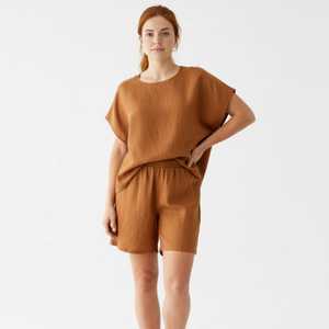 Women's <b>Linen</b> Pajama Set Short Sleeve <b>Top</b> & Shorts Two Piece Loungewear Breathable Summer Casual Homewear - Product Image 6