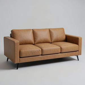 Canapé en cuir de vache véritable de style moderne du milieu du siècle, 3 places, canapé en cuir marron, design élégant pour le mobilier de salon - Product Image 1