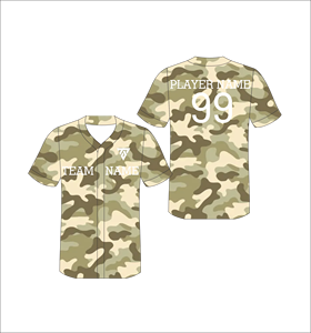 เสื้อเบสบอลลายพรางแบบกำหนดเอง คอวี แขนสั้น พิมพ์ลายแบบซับลิเมชั่น ผ้าโพลีเอสเตอร์ดูดซับความชื้น สำหรับผู้ใหญ่ทั้งชายและหญิง พร้อมชื่อทีมและหมายเลข - Product Image 1