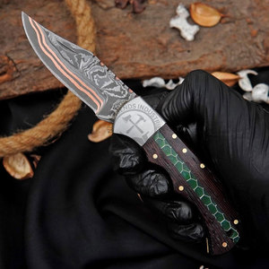 Premium Handmade Copper Damascus Steel Drop Point Pocket Folding Knife Wood Honeycomb Steel Bolster Handle Outdoor Hunting Knife - Product Image 2