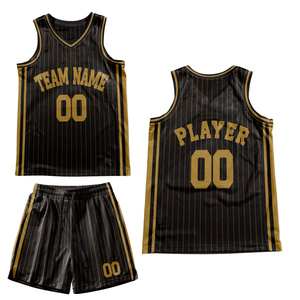 Conjunto de Uniforme de Baloncesto Retro Personalizado con Rayas Doradas y Negras, Jersey con Texto Dorado, Pantalones Cortos, Diseño Retro con Nombre y Número del Equipo - Product Image 2