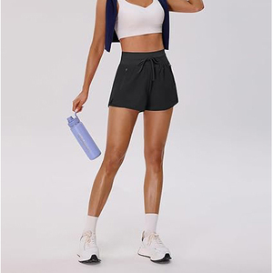 LEAFITS Short de sport noir taille haute pour femme avec cordon de serrage, séchage rapide et respirant, poches zippées pour la course et l'entraînement en salle de sport - Product Image 4