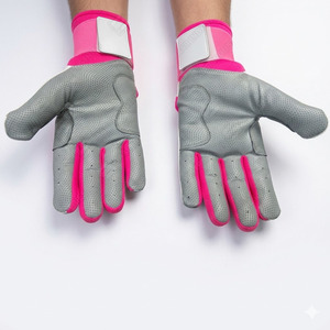 Premium Quality Heavy Duty Sports Training <b>Long</b> Cuff White Pink & Grey Color Combination Baseball Softball Batting Gloves - Product Image 6