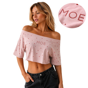 Mode estivale Y2K, haut court à épaules dénudées personnalisé avec strass thermocollants, OEM, uni, décontracté, respirant, chemisier pour femme, fournisseur en gros - Product Image 1