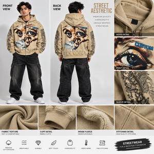 Sweat-shirt à capuche surdimensionné beige personnalisé pour homme, avec fermeture éclair, imprimé graphique vintage, style streetwear décontracté - Product Image 6