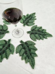 Green Leaf Embroidered Fabric Coasters Set of 6 Reusable <b>Bar</b> <b>Mats</b> Classic Style - Product Image 6