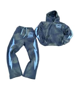 Custom <b>Men's</b> Plus Size Crop Hoodie Sweat Pants <b>Set</b> Sun Faded Distressed Embroidered Acid Washed Flared Stacked Tracksuit - Product Image 1